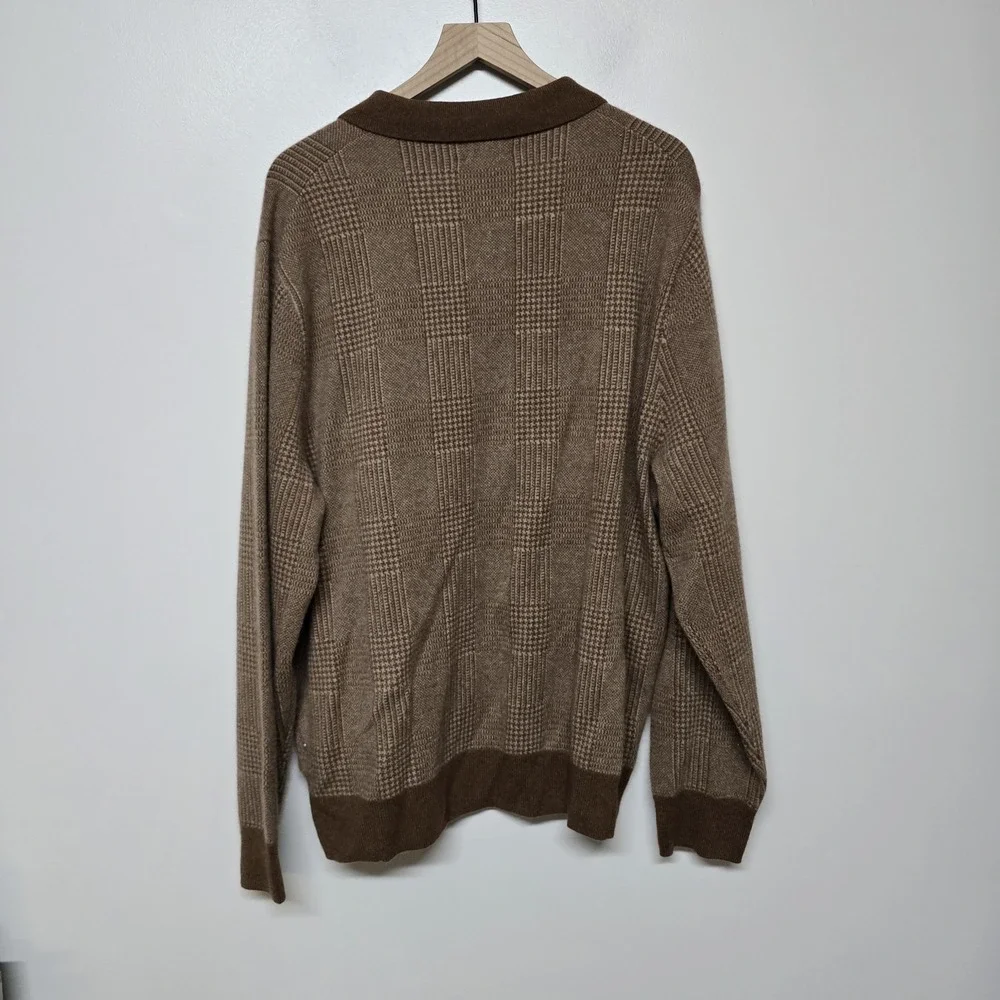 J. Crew Cashmere Cardigan Polo Button Up Sweater Brown Glen Plaid Sz XXL Dadcore